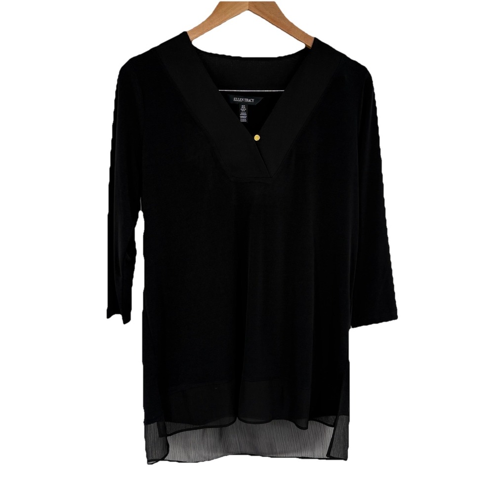 Ellen Tracy Womens Knit Chiffon Top Medium Black Stretch Career‎ Capsule Minimal